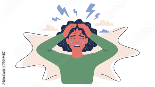 Woman experiencing distress and emotional pain with a worried expression and hands on head.