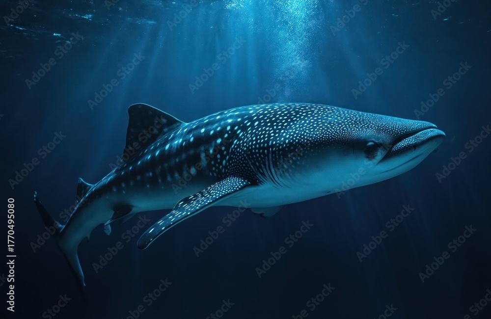 Fototapeta premium Large whale glides through dark deep ocean water. Sunlight beams filter from above creating glow. Underwater marine life swims near this gentle giant.