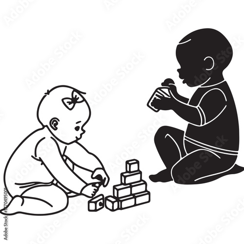 Illustration of two babies playing with blocks isolated on white background, depicting the joy of early childhood development