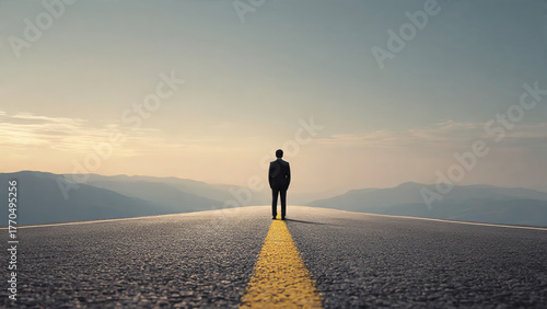 Contemplative lone man standing on an open road with a bright yellow line leading to distant mountains under a dramatic sunset sky.