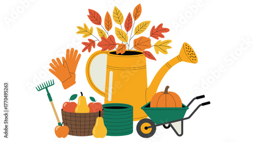 Autumn gardening tools and harvest items are arranged together.