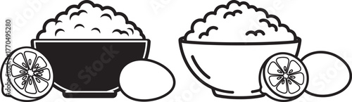 Two bowls of rice with lemon and egg silhouette