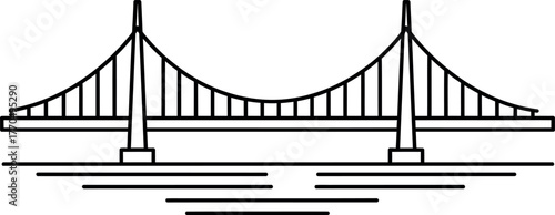 Iconic Cable-Stayed Bridge Minimalist Line Art Vector Illustration: Modern Suspension Bridge Outline Drawing Over Water, Architecture and Engineering Structure Silhouette.