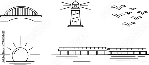Minimalist Coastal Icons: Lighthouse, Bridge, Pier, Sunrise, and Seagulls Line Art Set. Vector Outline Graphics for Nautical or Seaside Themes and Web Design.
