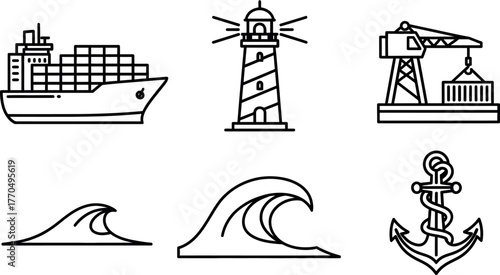 Maritime and Shipping Line Icons Set: Container Ship, Lighthouse, Crane, Sea Waves, and Anchor. Outline Symbols for Logistics, Port, and Ocean Transport Concepts.