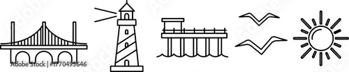 Nautical Coastal Line Art Set: Bridge, Lighthouse, Pier, Seagulls, and Sun Icons - Minimalist Black and White Vector Symbols for Travel and Tourism Design.