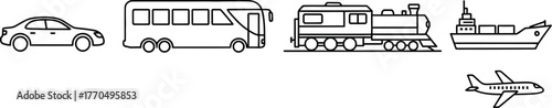 Simple line-art set of five transportation icons: car, bus, train, cargo ship, and airplane, representing travel, commuting, shipping, logistics, and global delivery.