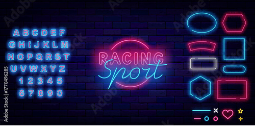Racing sport neon label with circle border. Geometric frames set. Speed car tournament. Vector stock illustration