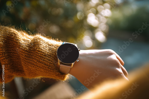 smartwatch on female hand, sunlight