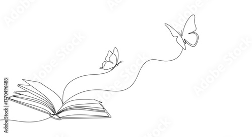 One line, continuous art Book and Butterflies in single line drawing style
