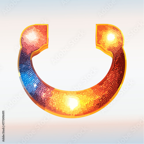 Abstract horseshoe with vibrant mosaic patterns and luminescent orbs on a gradient background