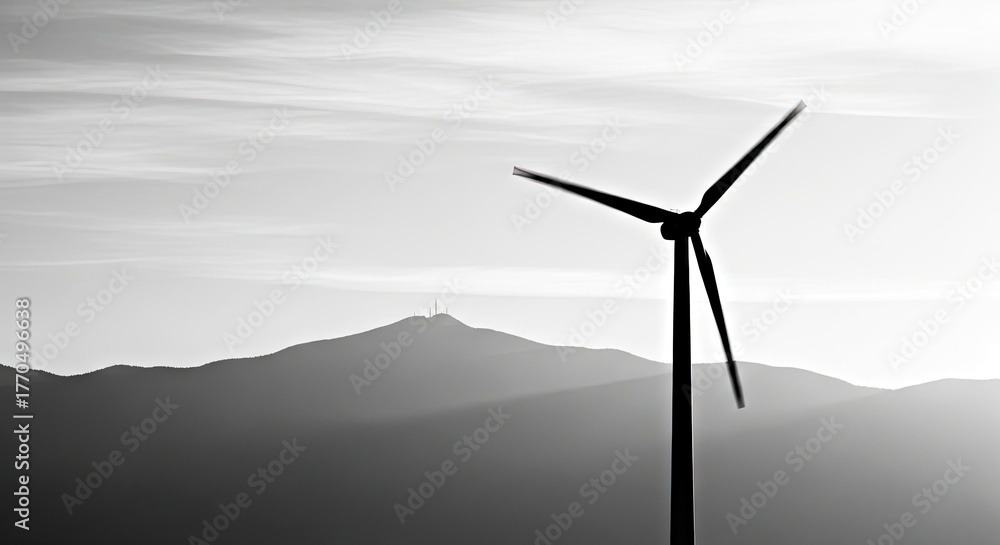 Obraz premium Renewable Energy Wind Turbine Against Foggy Mountain Monochrome