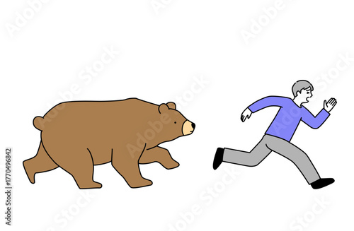 走って追いかけてくる熊と逃げている男性のシンプルな線画ベクターイラスト