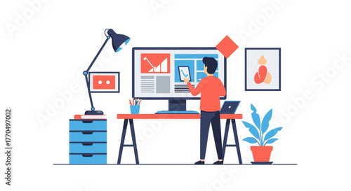 Modern Workplace Illustration Featuring a Designer at a Desk with Computer, Laptop, and Office Supplies. Suitable for showcasing creative work environments, design studios, or remote work setups.