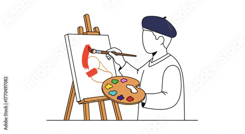 An Artist's Creative Process Depicted in a Simple Line Drawing, Suitable for Illustrating Art Education, Creative Hobbies, and Artistic Expression Concepts.
