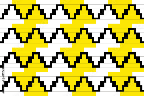 pixel mosaic background, A geometric pattern featuring alternating zigzag rows in black and yellow on a white background. The design creates a rhythmic, stair-like effect with sharp edges .