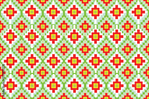 seamless floral pattern, A vibrant geometric pattern featuring red, yellow, and green diamond shapes arranged in a symmetrical grid. The repeating design creates a lively and colorful mosaic effect .