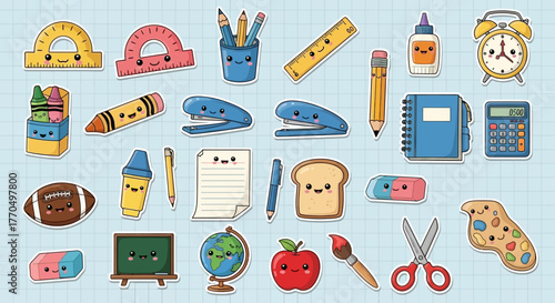Kawaii School Supplies Stickers Set for Kids