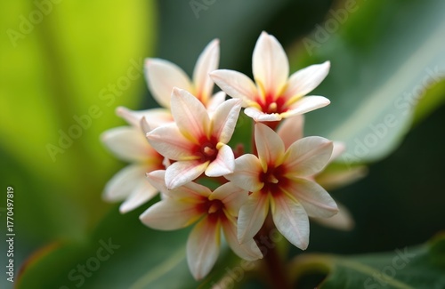 Close up photo of Hoya carnosa flowers. These fluffy blossoms have white petals and red yellow centers. Nature floral background is blurred with selective focus.
