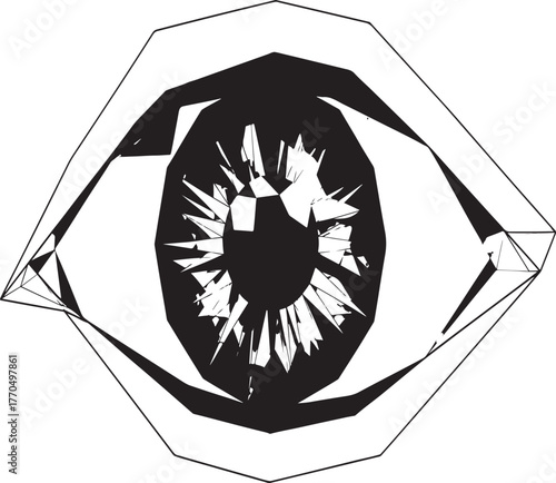 Abstract geometric eye shape with a faceted dark blue pupil and a reflective white iris and eyelid isolated on white background.