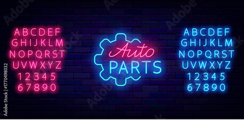 Auto parts neon label with gear wheel. Garage car. Shiny blue and blue alphabet. Vector stock illustration
