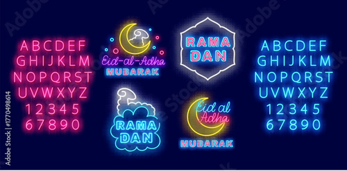 Ramadan Kareem labels collection. Ram and crescent moon. Eid al Adha. Eid Mubarak holiday. Vector stock illustration