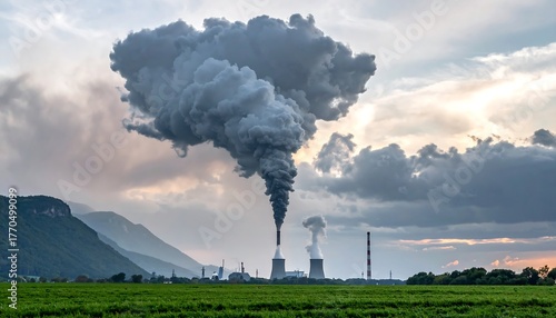 Atmospheric pollution image depicting a power plant emitting plumes of smoke. Green fields and mountains. A moody cloudy sky