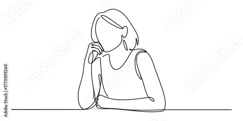 Continuous line drawing of a thoughtful woman sitting at a table vector