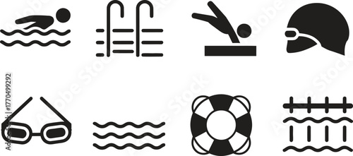 Set of Swimming and Pool Icons - Swimmer, Pool, Lifebuoy, and Water Gear