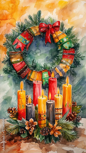 Kwanzaa festive wreath surrounded by candles and traditional decor  