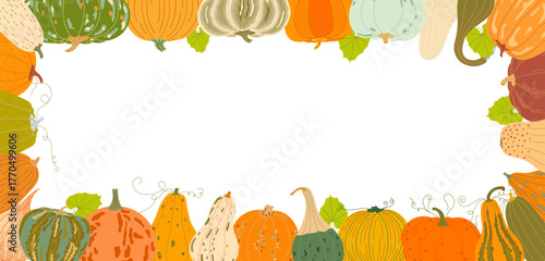 Pumpkins autumn vegetable border, festive rectangular frame decorated with squash and gourds in warm fall colors, seasonal Thanksgiving holiday or harvest background for invitations, cards, posters