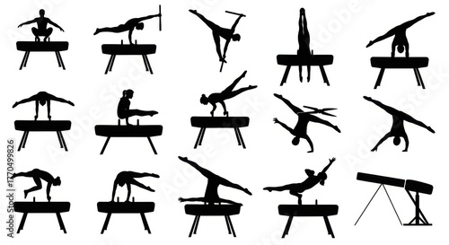 Agile Pommel Horse Gymnastics Flairs and Spindles Vector Silhouettes