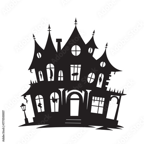 Silhouette of a spooky haunted house with broken windows and a street lamp