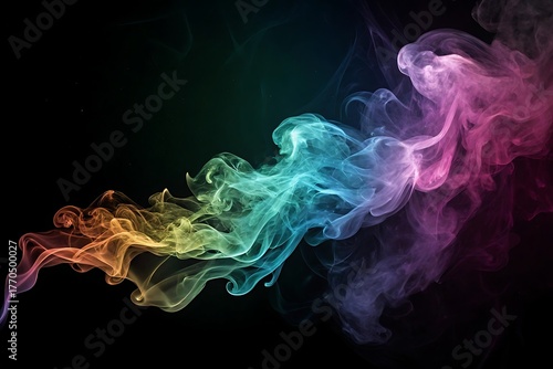 Vibrant rainbow colored smoke swirls and drifts across a dark black background creating an ethereal abstract art