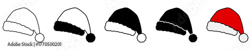 Santa Claus hat illustration in different styles: color, silhouette and outline. Set of icons isolated on white background. Vector illustration.