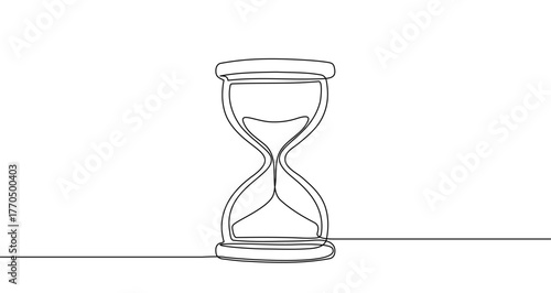 Hourglass in one line art style. Drawing of a time measuring clock with editable black stroke on a white background. Vector illustration.