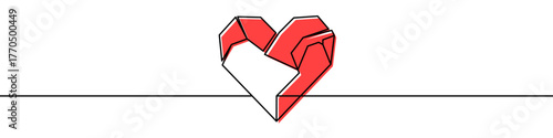 Colorful geometric heart in one line art style. Drawing of a heart with editable black stroke and red color block on a white background. Vector illustration.