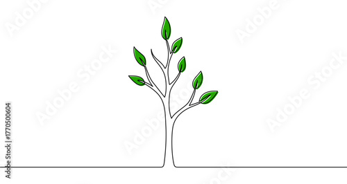 Colorful young tree in one line art style. Drawing of a seedling with editable black stroke and green color blocks on a white background. Vector illustration.