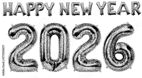 Happy New Year 2026 festive display with sparkling silver foil balloons, ideal for celebratory announcements, seasonal greetings, and festive occasions. 