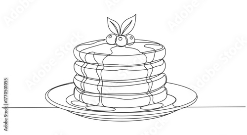 A simple and delicious stack of pancakes, drawn in a continuous one-line art style, perfect for culinary inspiration