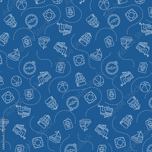 Icon set of elements for summer vacation travel, hand drawn vector doodles in line style. Line contour in sketch style.