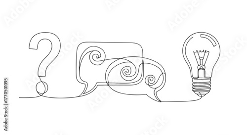 One continuous line art drawing of a question mark, two speech bubbles, and a glowing lightbulb, symbolizing brainstorming, dialogue, and innovative problem-solving