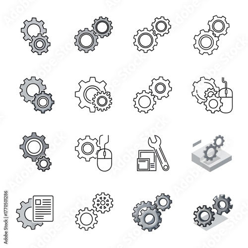 Gear and Settings Icon Set, 3x3 Minimalist Grid