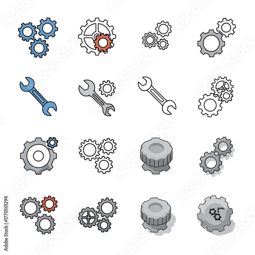 Gear and Engineering Icon Collection, 4x4 Minimalist Grid