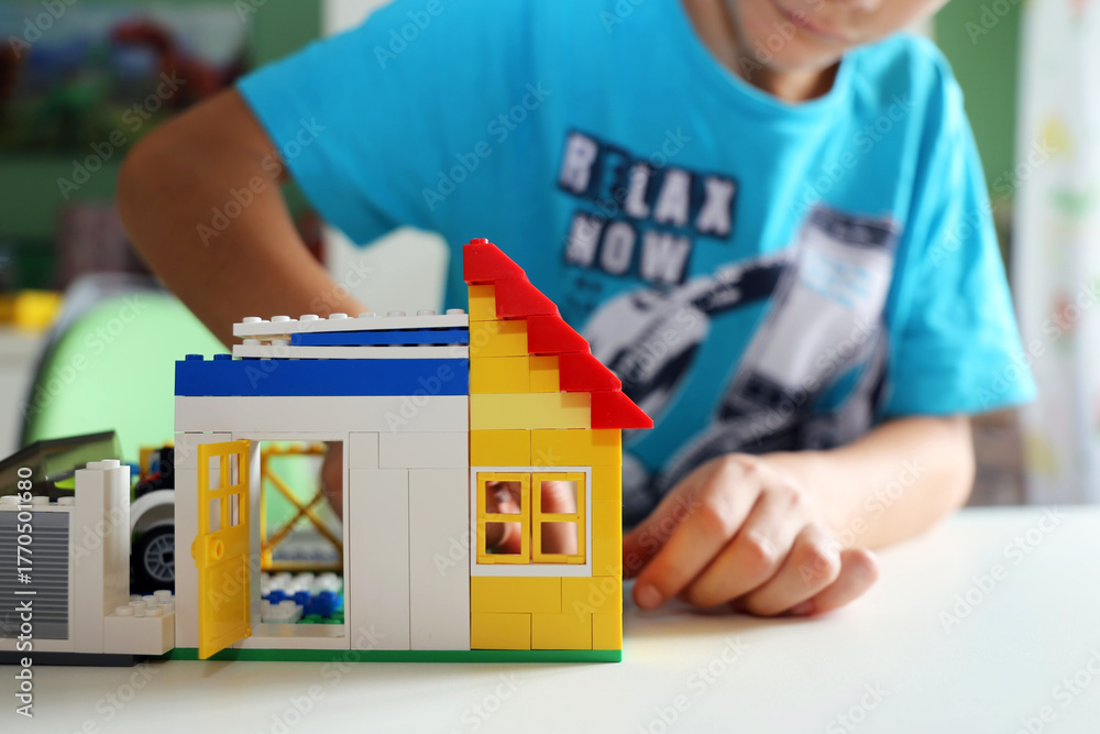 Naklejka premium Junge baut mit Bausteinen ein Haus