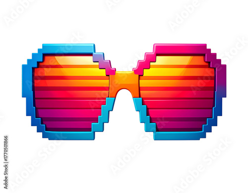 Bright 3D pixelated shutter glasses symbolizing 1980s pop culture and retro music events. Clean isolated PNG.