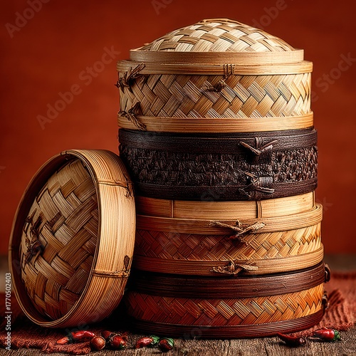 Stacked bamboo steamers, detailed textures, warm lighting, rustic background, food concept