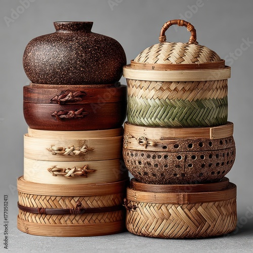 Stacked, textured containers in various materials and patterns against a neutral backdrop