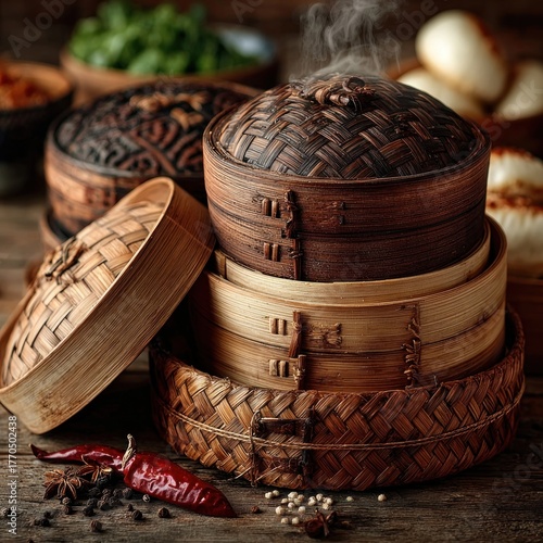 Steaming bamboo dim sum baskets with herbs, spices, and other foods on a wooden table