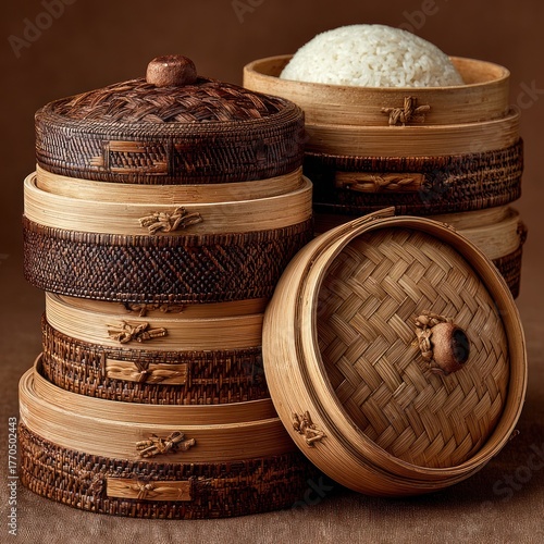 Stacked bamboo containers, some with woven lids and a pile of white cooked rice inside